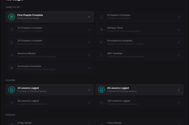 The achievements page: curriculum and lesson badges, some unlocked and some locked.