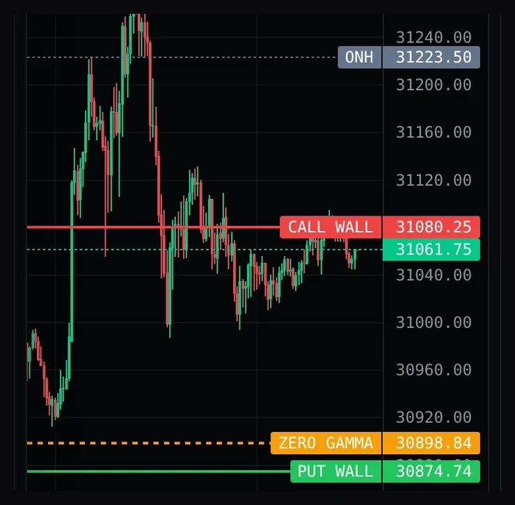 Real capture of the MNQ 5-minute chart with the overnight high, call wall, zero gamma and put wall drawn as labelled lines.