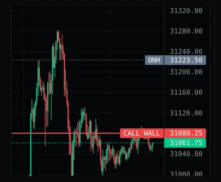 Real capture: the overnight high line, labelled ONH 31223.50, on the MNQ 5-minute chart.