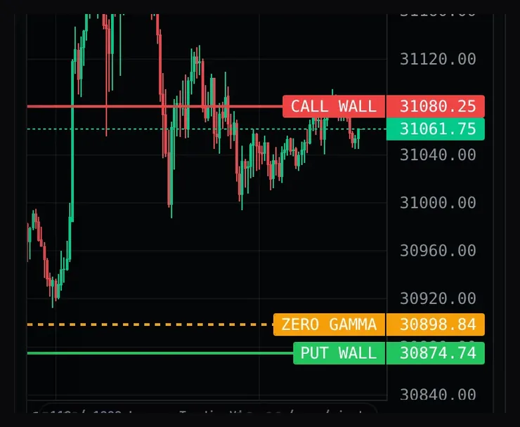 Real capture: the zero gamma line at 30898.84 and the put wall line at 30874.74 on the MNQ 5-minute chart.