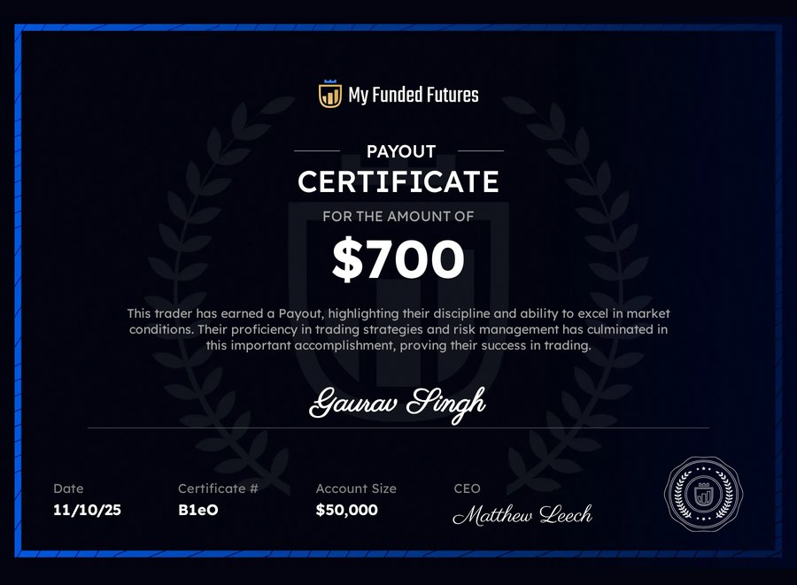 My Funded Futures payout certificate — $700